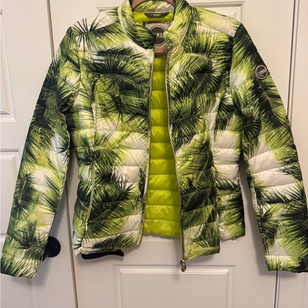 COLMAR Green Palm-Print Lightweight Puffer Jacket. Made in Italy